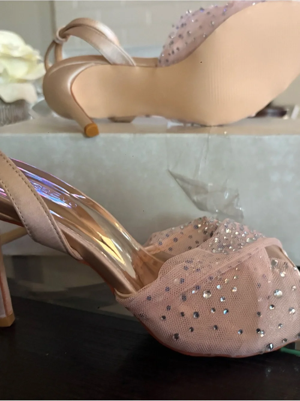 Embellished Blush Satin Ankle-Strap Heels